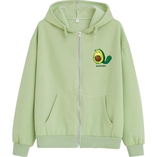 Cartoon Avocado Cat Printing Hoodie Cotton Sweatshirt Women Soft 90s Aesthetic Oversize Lady Zip Up Baggy Streetwear with Pocket