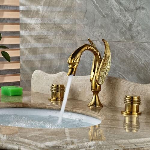 Uythner Newly Luxury 3Pcs Bathroom Sink Faucet Set Golden Polished Swan Basin Mixer Faucet Cold&Hot Water Tap