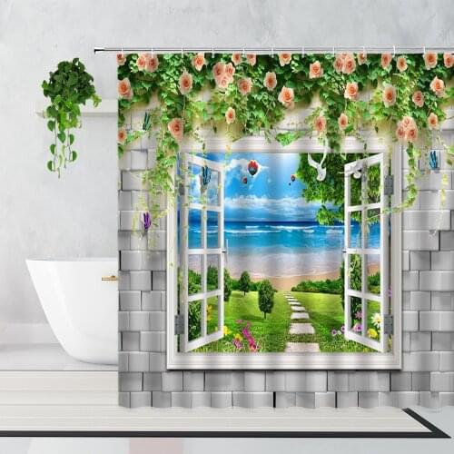 Plants Flowers Window Scenery Shower Curtain Forest Waterfall Landscape Bathroom Decoration Waterproof Bath Curtains With Hooks