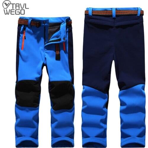 TRVLWEGO Waterproof Pants Kids Outdoor Windproof Softshell For Boys Girls Blue Red Winter Fleece Warm Hiking Trouser Children
