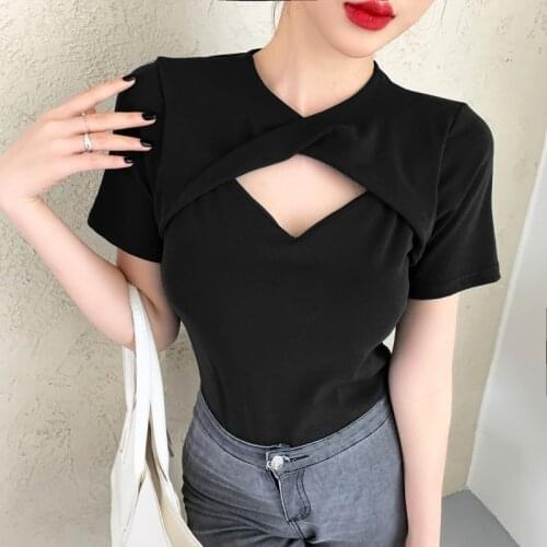 Korean style Summer Short sleeve Tee Hollow out false Two pieces The New Solid color Women Short Sleeve Tees V NeckLadies' tops