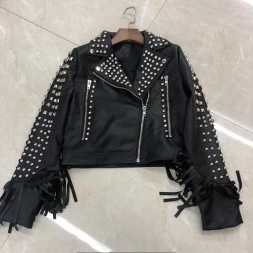 Rivet beading soft pu leather coats Women tassel stitching pu Leather Jacket Punk Rock Cropped Jackets faux leather coat F2190
