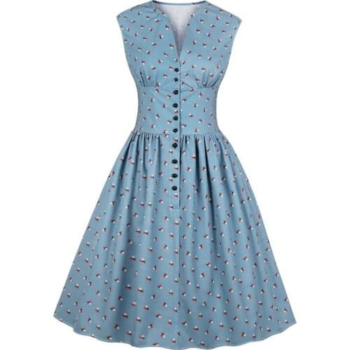 Single Breasted Vintage Floral Dress Women V-Neck Sleeveless Rockabilly Swing Retro Feminino Party Dress 2020 Spring Autumn