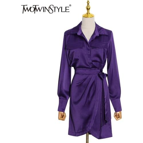 TWOTWINSTYLE Purple Dress For Women High Waist Plus Size Casual A Line Lapel Long Sleeve Mini Dresses Female 2021 Autumn Clothes