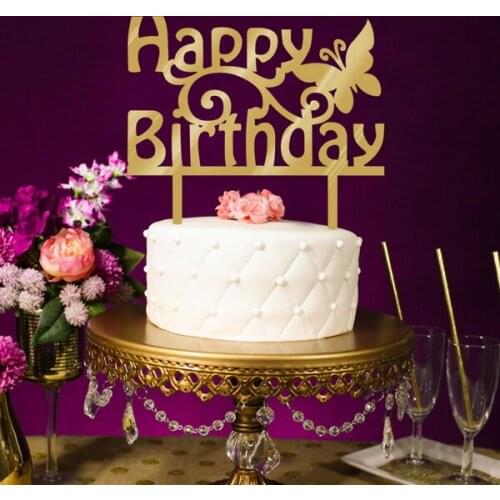 100pcs/lot Creative Golden happy birthday design wedding cake inserted card Wedding birthday Cake Topper Party Cake Decorations