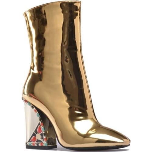 Phoentin gold boots for women fashion woman shoes 2020 luxury brand shining patent leather woman bootie heels crystal FT1214