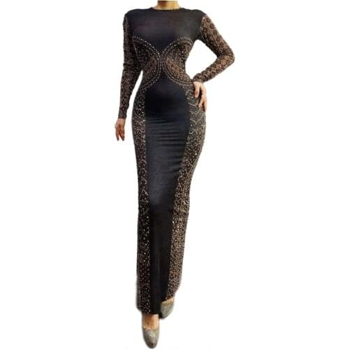 Black Rhinestone Split Spandex Long Dress Women Evening Party Birthday Prom Ankle Length Sheath Dresses Sexy Club Singer Wear