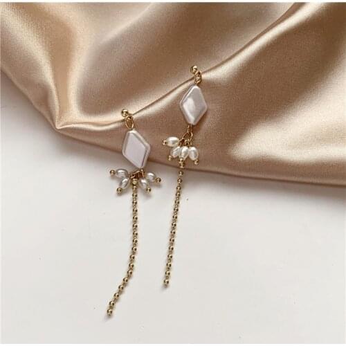 Long Chain Beads Rhombus Clip Earrings Without Piercing Sweet Mori Girls New Earrings