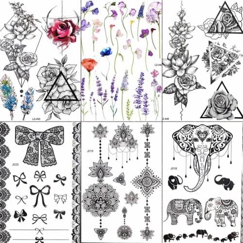 FANRUI Ganesha Elephant Rose Flower Black Henna Temporary Tattoo Sticker Mehndi Fake Tattoo Sexy Lace Body Art Arm Custom Tatoo