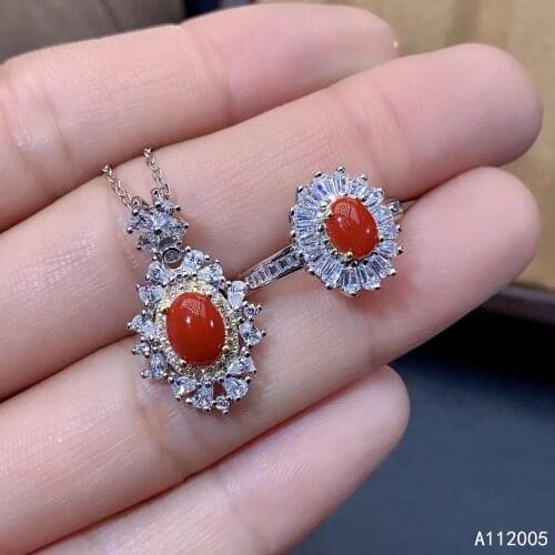 KJJEAXCMY Fine Jewelry 925 sterling silver inlaid natural red coral female ring pendant set exquisite Support detection