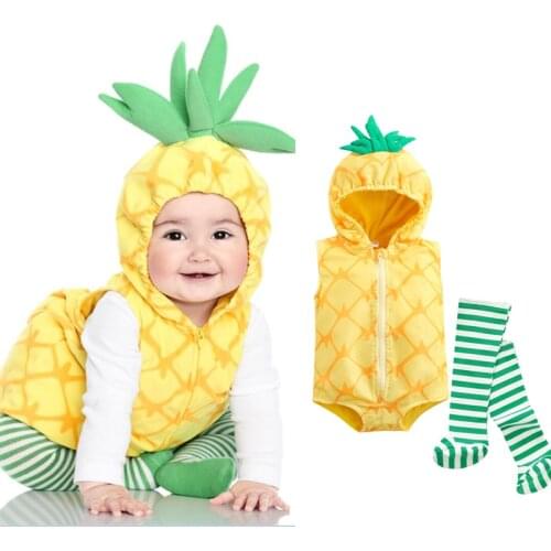 Lioraitiin 0-24M Newborn Infant Baby Boy Girl Bodysuit Pineapple Shaped Stage Performance Zip-up Hooded Romper+Striped Stockings