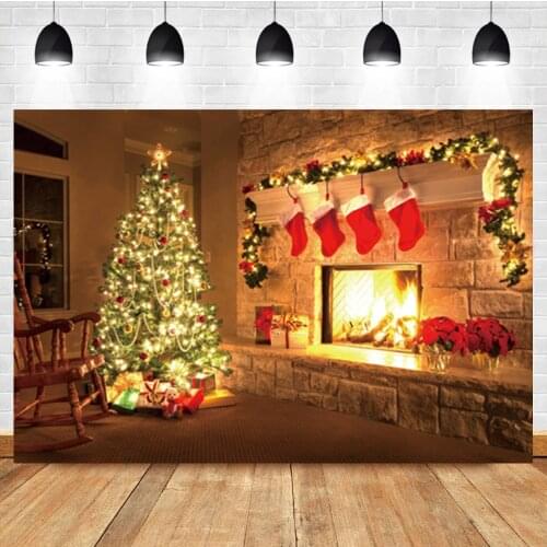 Laeacco Christmas Tree Fireplace Socks Lights Gifts Birthday Portrait Photo Background Photographic Backdrop For Photo Studio