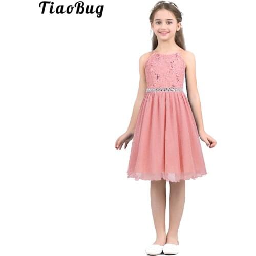Summer Kids Girls Sleeveless Sequined Floral Lace Shiny Dress For Birthday Party