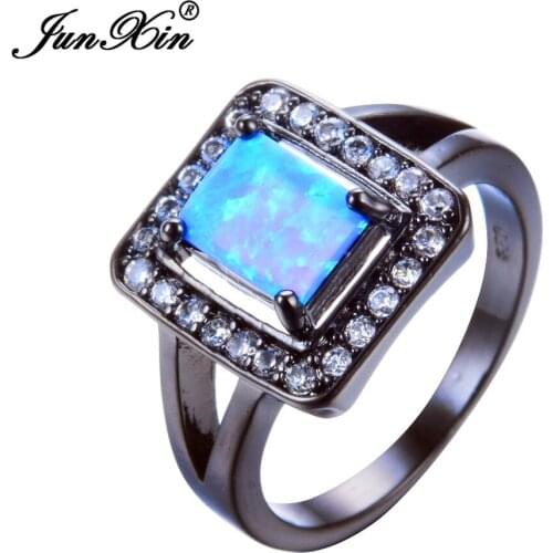 JUNXIN Men Women Blue Geometric Fire Opal Ring With Crystal AAA Zircon Vintage Black Gold Wedding Rings Fashion Jewelry