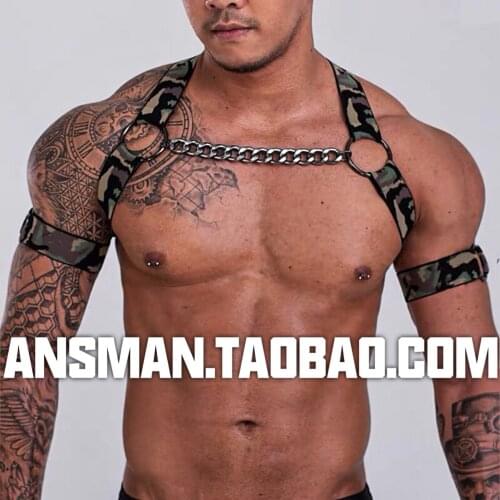 Male camouflage iron chain sexy back shoulder strap chest strap fetish gay chest harness belt punk carnival costume man sex