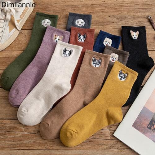 Cartoon Animal Big Head Embroidery Cotton Women Socks High End Quality Soft Crew Socks Autumn Winter Fashion Kitty Cat Socks