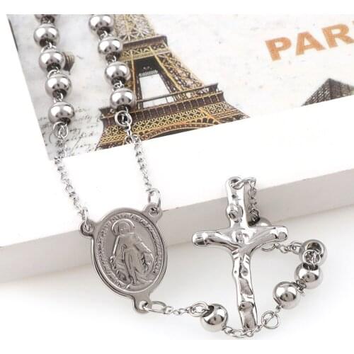 5mm Stainless Steel Titanium Catholic Rosary Necklace Religious Virgin Mary Mens Ladies Cross Jewelry Christmas Gift