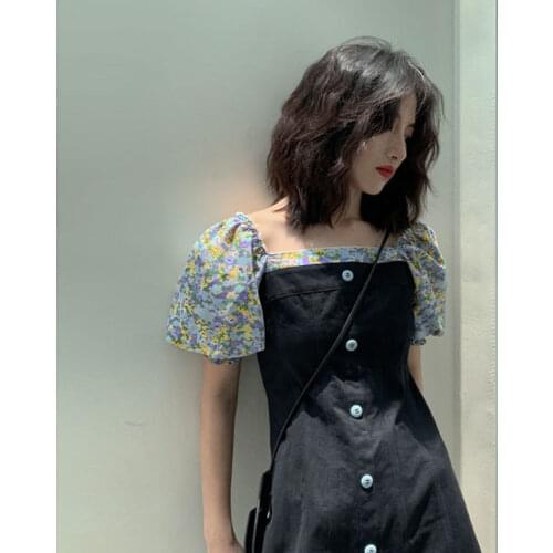 Dress 2021 New Summer Korean Skirt French Niche Square Collar Floral Chiffon Stitching Puff Sleeve Short Skirt