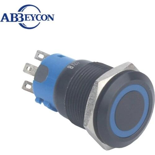 19mm Flat Round Head Momentary Black Anodized Housing12V Blue Ring Led Illuminated Light Waterproof Push Button Switch Metal Cap