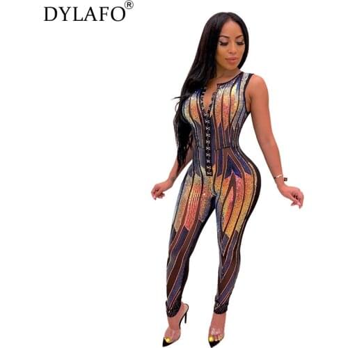 Sexy Stretch Positioning Sequined Jumpsuits Sleeveless Hollow Out Skinny Bodycon See Through Long Playsuits for Lady Romper