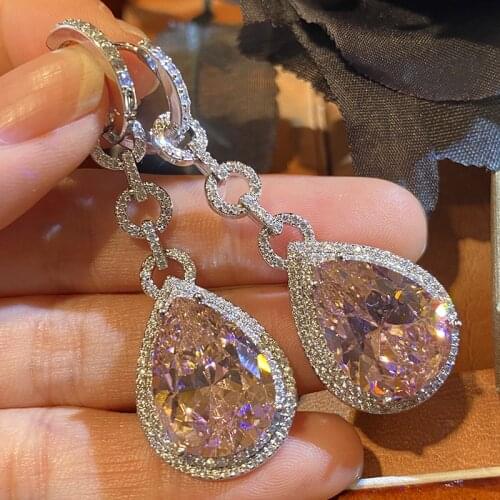Pink Crystal Barbie Powder Earring Glitter Love Heart Shaped Tassel Zircon For Women Jewelry Girl Gift Fashion Simple Luxury