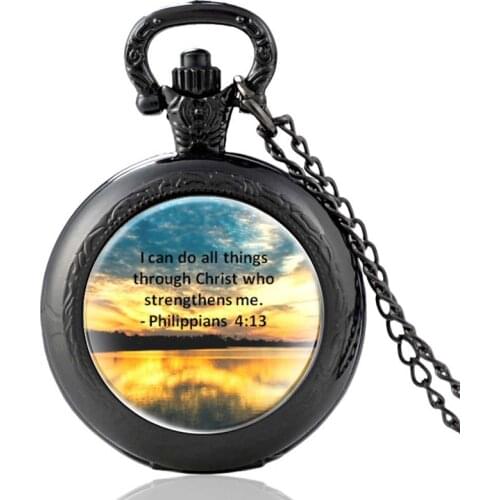 Bible Verse “I Can Do All Things Through Christ Who Strengthens Me” Quartz Pocket Watch Men Women Pendant Necklace Hours Clock