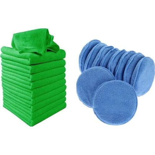 Microfiber Wax Applicator 12Pcs Blue & 10Pcs Car Wash Towel Cleaning Duster Auto Detailing Green Microfiber Green