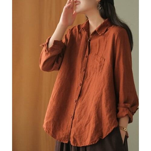 Johnature Women Linen Shirt Turndown Collar Long Sleeve Casual Loose 2021 Autumn New Solid Color Simple Comfortable Blouse