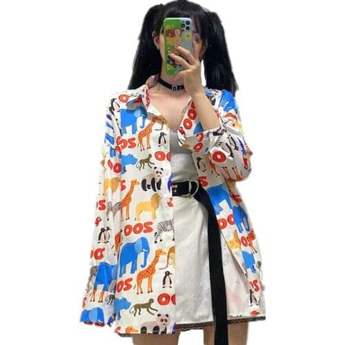 2021 Summer Women Vintage Zoo Print Casual Blouse Ladies Animal Pattern Shirts Lapel Collar Long Sleeve Blusas Mujer Chic Tops