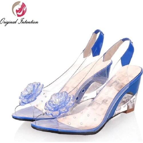 Original Intention Women Sandals Transparent Flowers Wedges Sandals Red Black Blue Yellow Beige Shoes Woman US Size 3.5-10.5