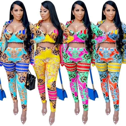 Adogirl Vintage Print Women 3 Piece Sets Crop Top + Long Sleeve Cardigan Jacket And Pants Tracksuit Female Clothes Matching Sets