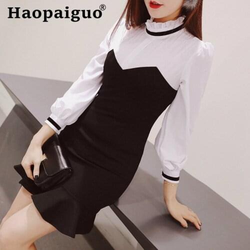 2019 Autumn Stand Wrap Dress Women Contrast Trumpet Sheath Patchwork Midi Dress Women Casual Elegant Black Dresses Ladies Ropa