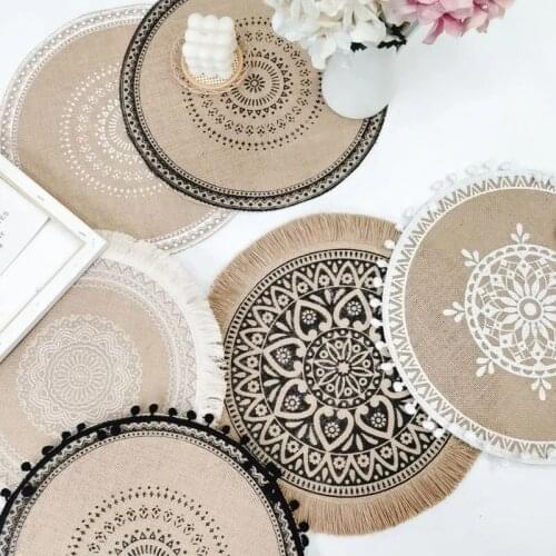 Bohemian Woven tassel side table mat Dining Table Pad Exquisite Embroidery Dessert Plate Coaster Home Table Decoration