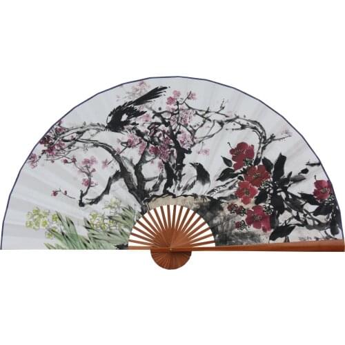 Large Folding Paper Fan Chinese Style Crafts Banboo Frame Background Decorative Fan Hanging Mynah Flowers And Birds