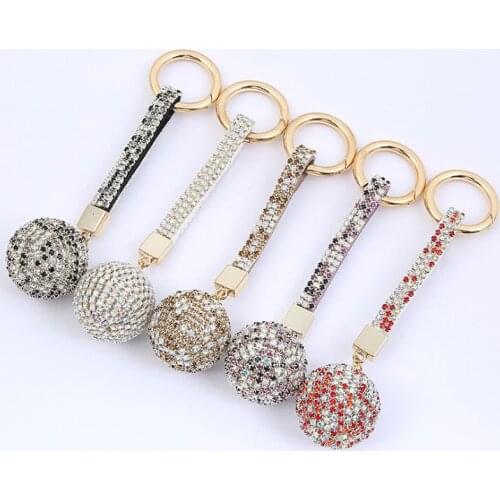 Full Crystal Ball Keychain Rhinestones Leather Strap High Quality Handbag Purse Bag Pendant Charms Keyring for Car Key Chain