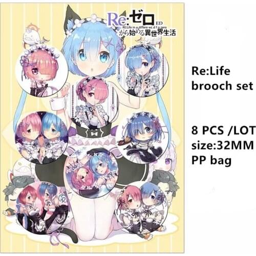 8 PCS/LOT Anime GINTAMA Re:Life in a different world from zero Rem Ram Model Doll Brooch Badge Cosplay Toy Collection Pins 32MM