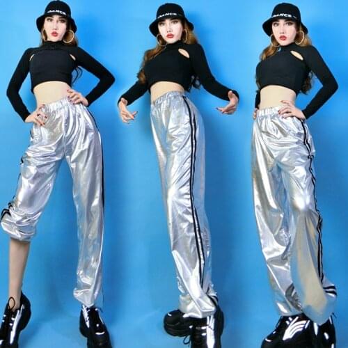 Hip Hop Dance Costumes Women Black Top Silver Pants Jazz Street Dancing Clothes Adults Modern Stage Performance Wear DNV12338