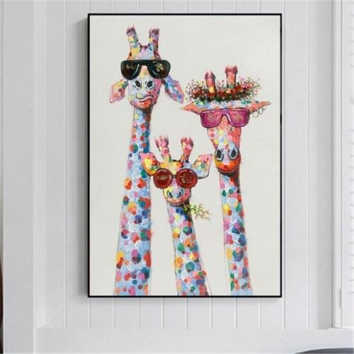 Animals Giraffe Family with Glasses Oil Paintings Print on Canvas Art Posters and Street Art Pictures Prints for Kids Room Decor