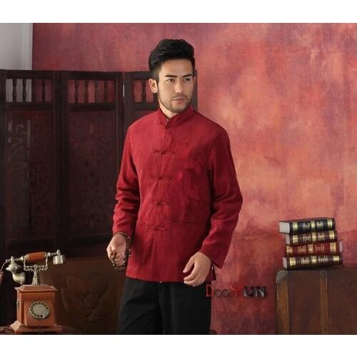 Hot Selling Red Chinese Tradition Mens Kung Fu Jacket Long sleeve Embroider Dragon Coat Tang Suit S M L XL XXL XXXL