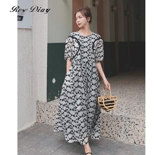 RoseDiary Summer V-Neck Boho Puff Sleeve Polka Dot Print Maxi Dress 2021 Casual Empire Robe Embroidery Long Dress Vestidos