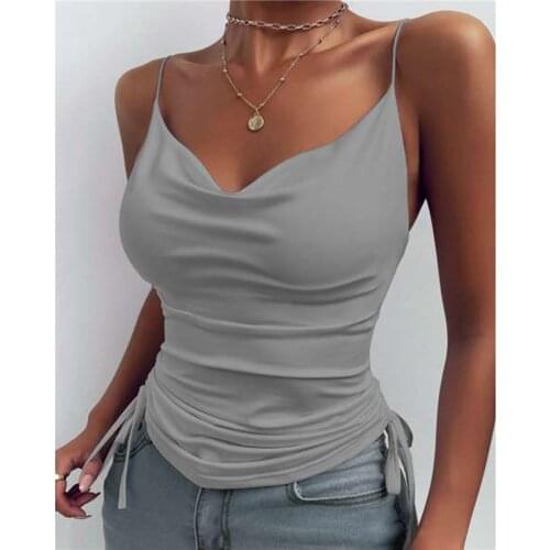 Summer Women Camps Close-fitting Casual Vest Tanks Tops Sleeveless The Newest Solid Color Drawstring Camisole 2021 New Tees