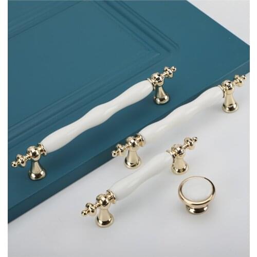 Fashion Ceramic Cabinet Handles Golden Kitchen Cupboard Door Handles Drawer Knobs European White Furniture Pulls