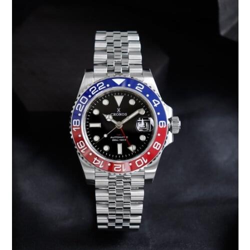 Cronos GMT Automatic Men Watch Bidirectional Bezel Sapphire 20 ATM Solid 5 links Metal Bracelet BGW-9 Luminous