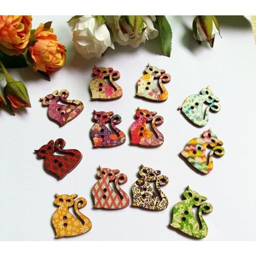 New 150Pcs Mixed Color Cute Cat Multicolor Botones 2 Holes Wooden Printing Buttons Craft Scrapbooking Wood Sewing Button