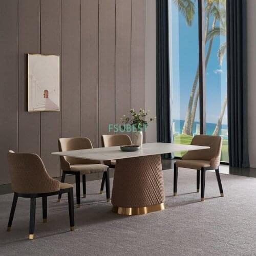 Dining Room Metal Base Modern Home Furniture Brown Base Rectangular 6 seater White Stone Marble Top Dining Table