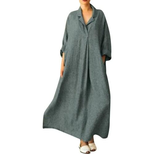 Women Dress Loose Casual Ankle Length Office Lady Dress Solid 3/4 Lantern Sleeve Bohemian Loose Waist Women Dress Plus Size 5XL