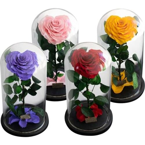 Preserved Flowers Heart-shaped Roses with Gift Box Wedding Valentines Gift Preserved Flowers Glass Cover with Gift Box