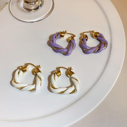 SRCOI White Purple Leather Twist Weave Trapezoid Earrings Geometric Triangle Ear Buckles Ladies Hoops Earrings Summer Jewelry