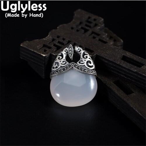 Uglyless Thai Silver Bag Design Vintage Ethnic Necklaces for Women Natural Chalcedony Pendants 925 Silver Jewelry Retro NO Chain
