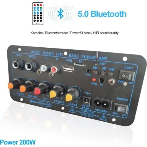 200W AC 220V 12v 24v Digital Bluetooth Stereo Amplifier Board Subwoofer Dual Microphone Karaoke Amplifiers For 8-12 Inch Speaker